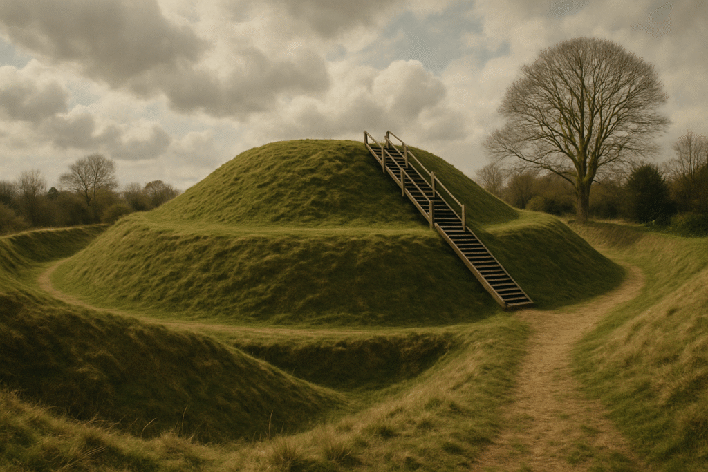 Bedfordshire’s Best Earthwork Castles: A large, green, grassy mound with a wooden staircase, the remains of an ancient earthwork castle, surrounded by a ditch.