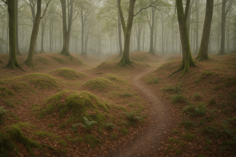 Clapham Castle: A path winding through a foggy forest with a ground of small, mossy mounds and hills, representing a historical earthwork site.