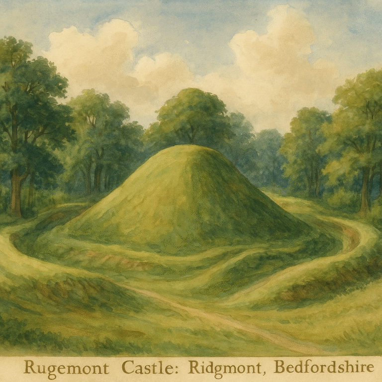 Rugemont Castle: A watercolor painting of the Rugemont Castle earthwork, showing a large, conical grass mound with a path winding around it, surrounded by trees.