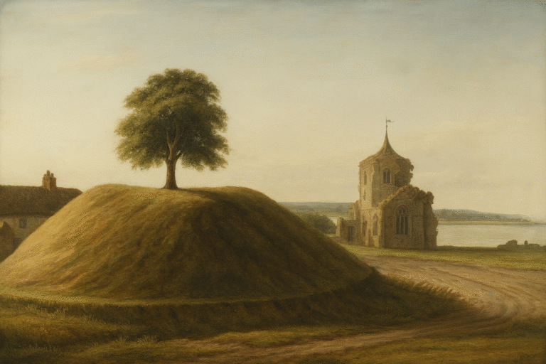 Thurleigh Castle: An artistic depiction of the ruins of Thurleigh Castle, showing a large grassy mound with a single tree on top and a ruined stone church in the background.